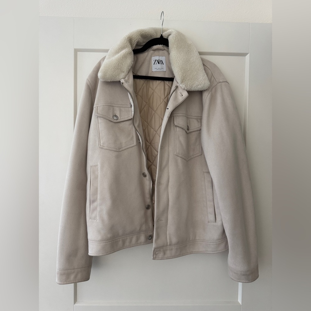 Beige Velvet Jacket with Faux Shearling Collar